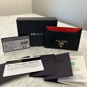 Prada Black & Red Vitello Move Leather Card Holder with Gold Logo 1MC208